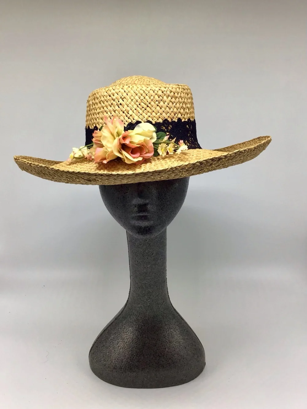 Straw Sun Hat with Peach Floral Trim